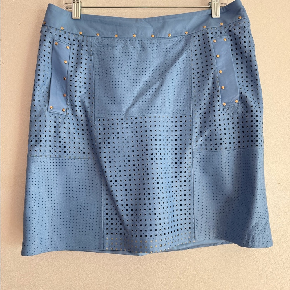 Etcetera Light Blue A-Line  Leather Skirt, size 10
